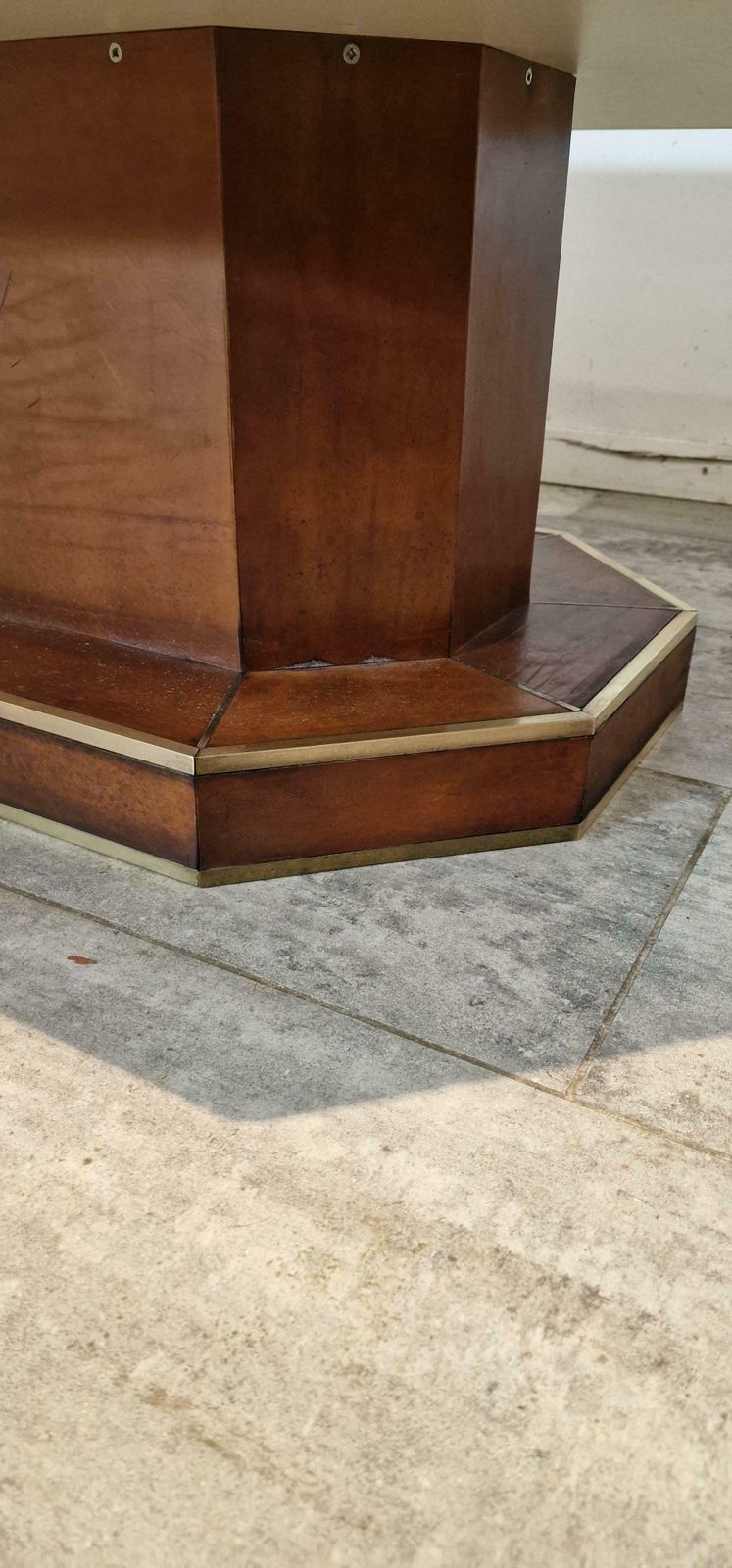 Large Full Leather Brown Coffee Table With Brass Details From, France photo for sale
