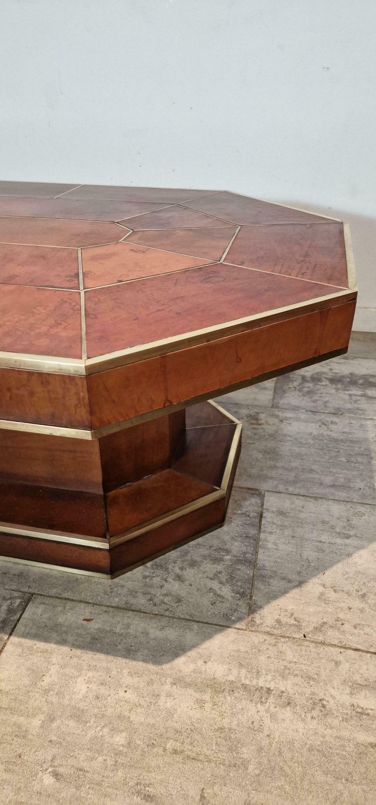 Large Full Leather Brown Coffee Table With Brass Details From, France photo vinterior