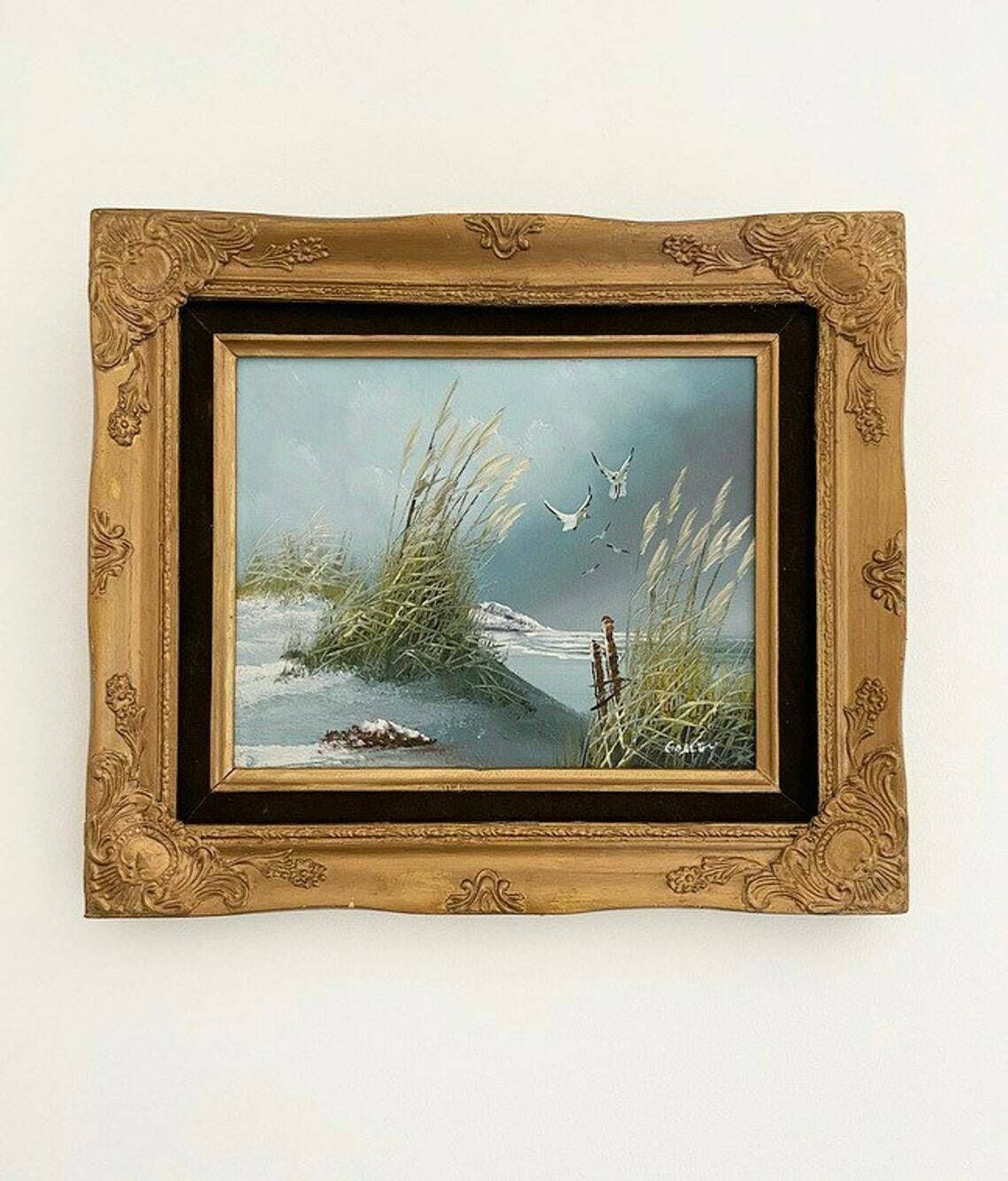 Vintage Oil On Board Seascape Framed Seagulls Shore Blue photo furniture