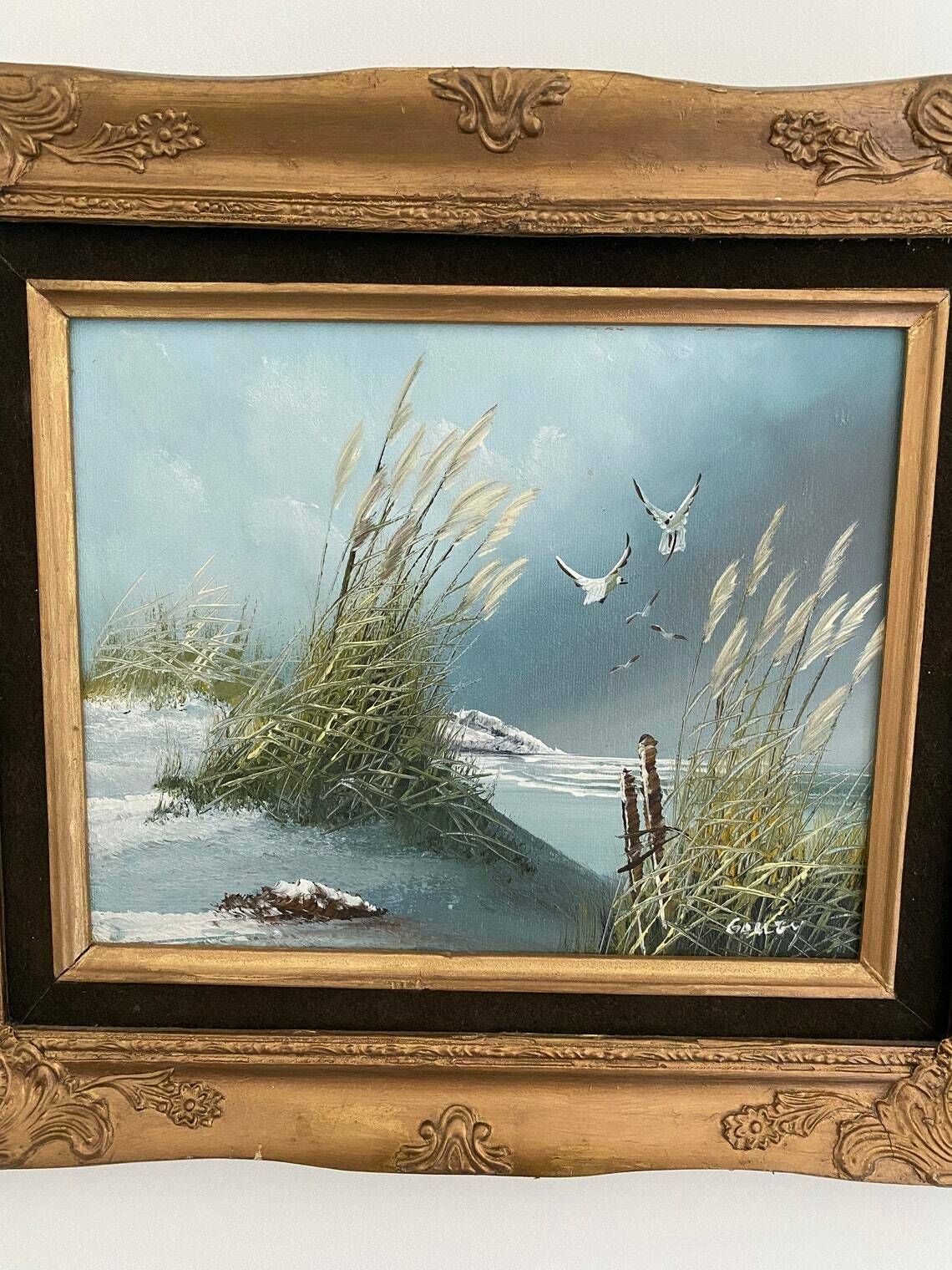 Vintage Oil On Board Seascape Framed Seagulls Shore Blue photo for sale