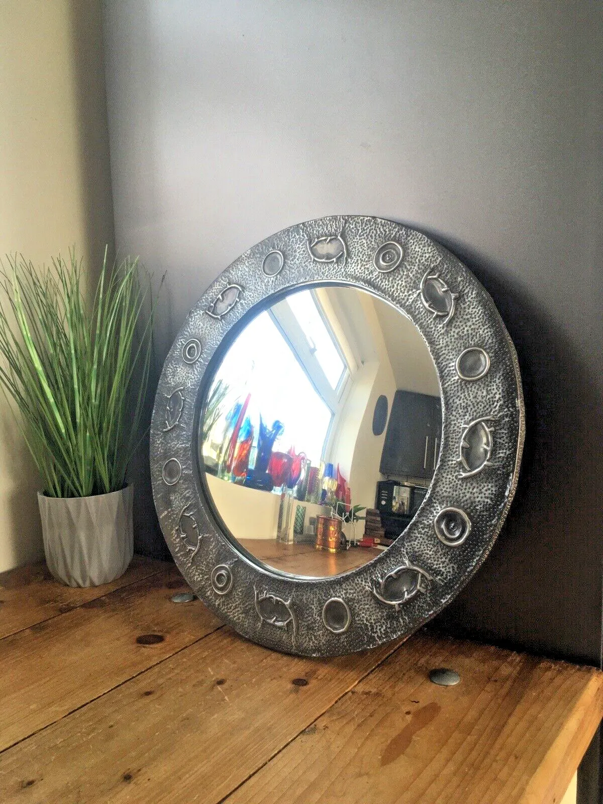 Antique Arts & Crafts Period Abstract Beaten Pewter Round Convex Wall Mirror photo furniture