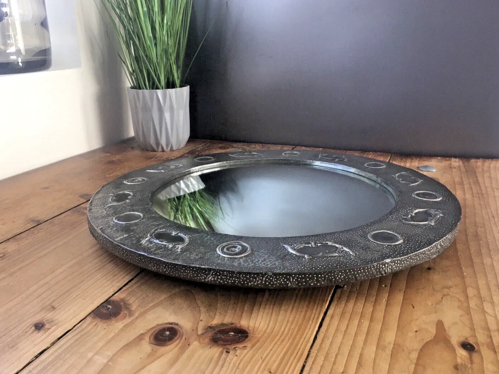 Antique Arts & Crafts Period Abstract Beaten Pewter Round Convex Wall Mirror photo for sale