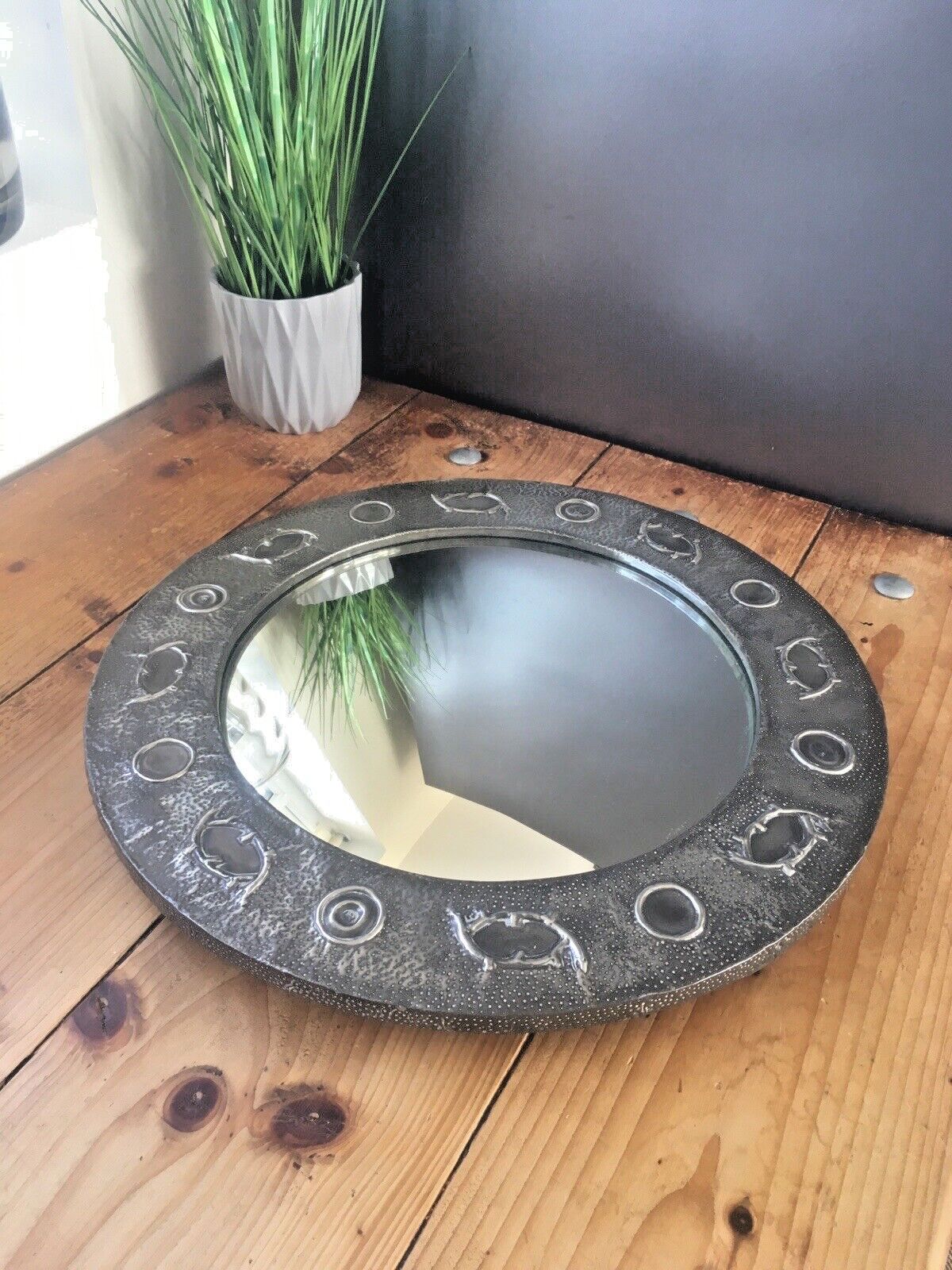 Antique Arts & Crafts Period Abstract Beaten Pewter Round Convex Wall Mirror photo Home Decor