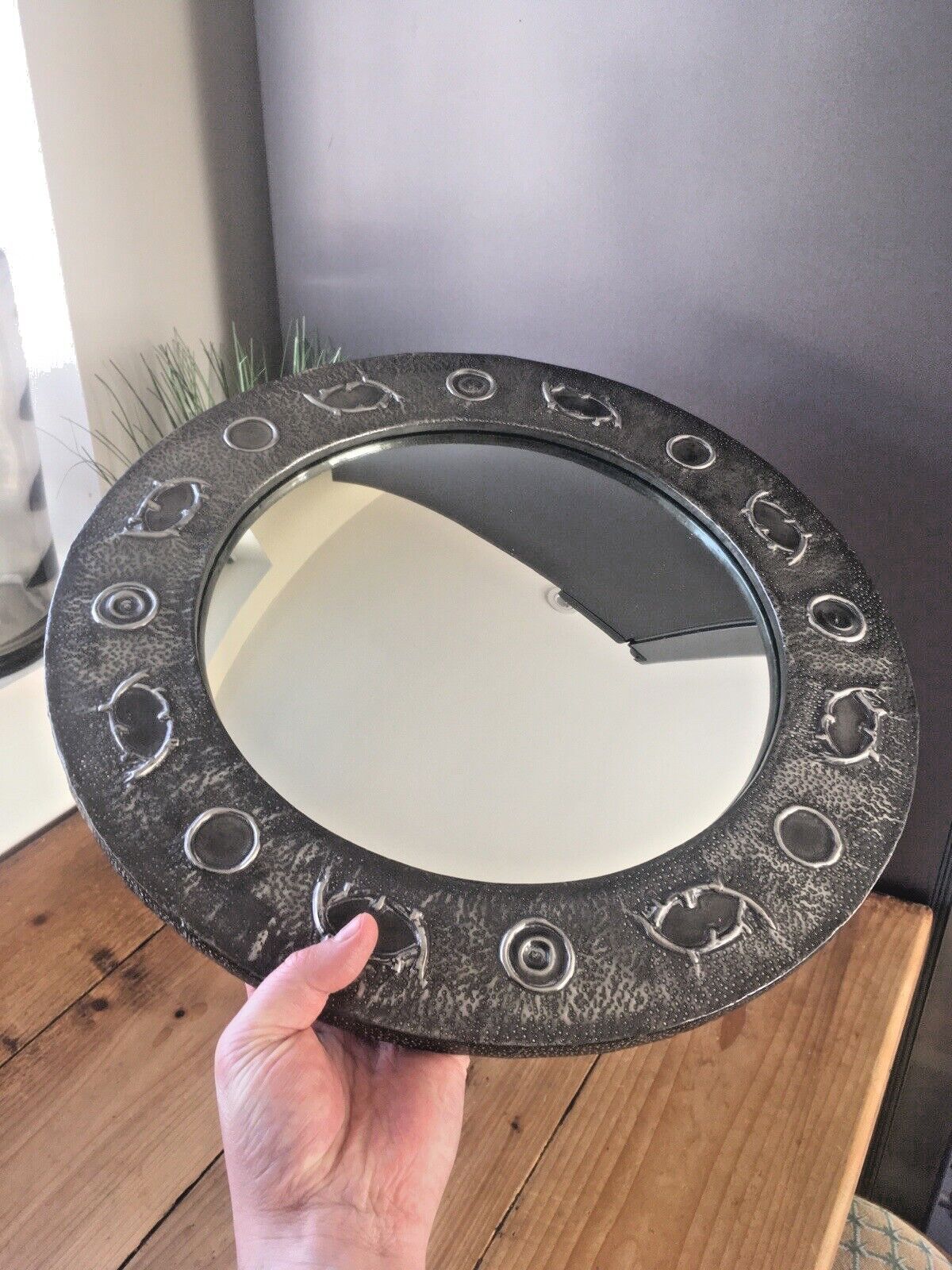 Antique Arts & Crafts Period Abstract Beaten Pewter Round Convex Wall Mirror photo 260.0