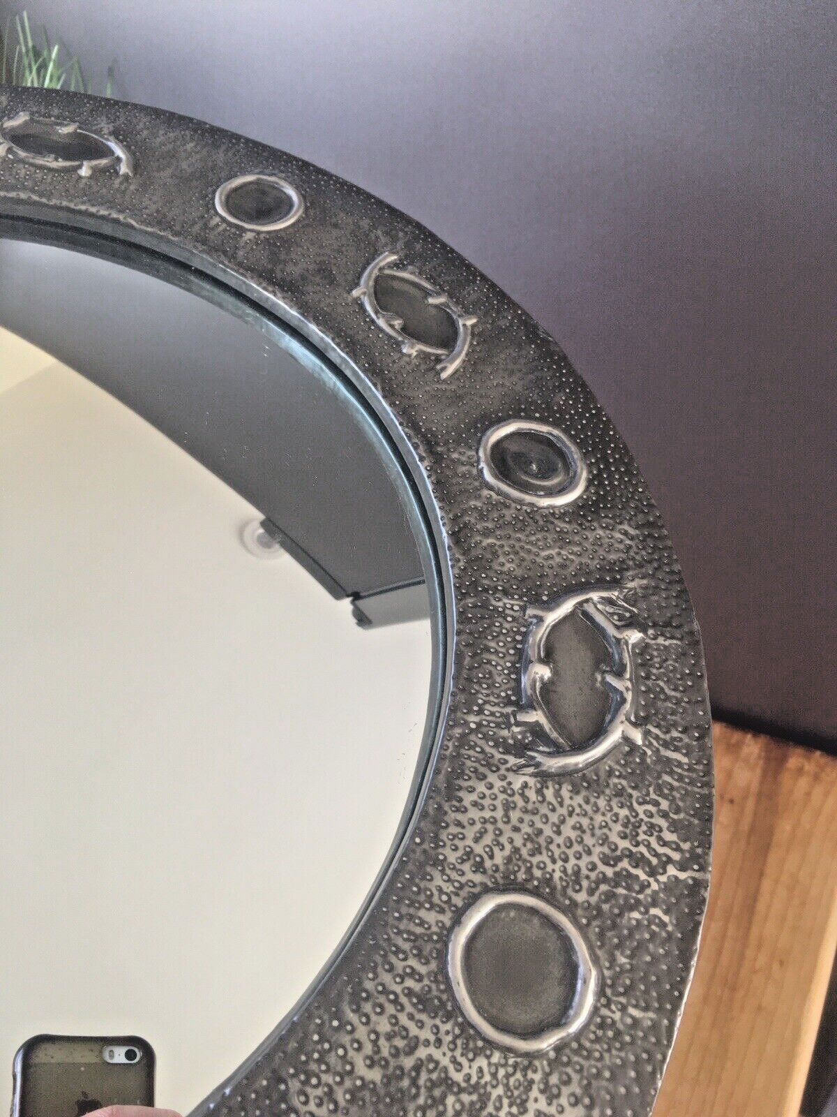 Antique Arts & Crafts Period Abstract Beaten Pewter Round Convex Wall Mirror photo vinterior