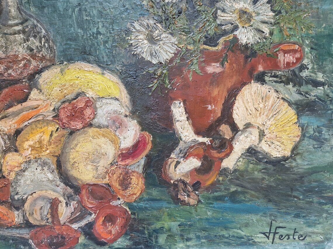 Mid Century Still Life Oil Painting With Mushrooms Port Wine And Flowers French Autumnal Fall Wall Art photo vinterior