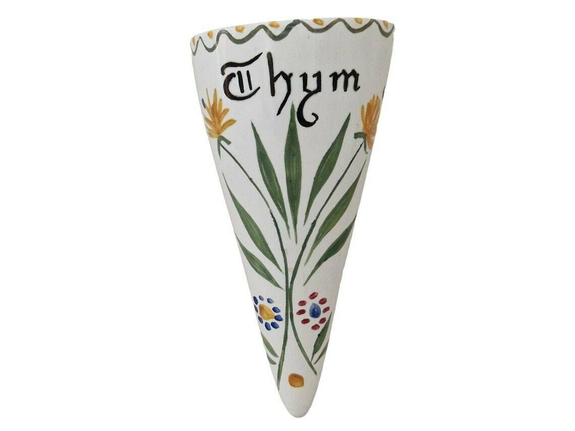 French Ceramic Thyme Pocket Vase With Folk Art Floral Motif Wall Hanging Pottery Horn photo furniture