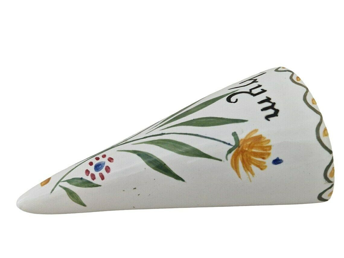 French Ceramic Thyme Pocket Vase With Folk Art Floral Motif Wall Hanging Pottery Horn photo 66.0