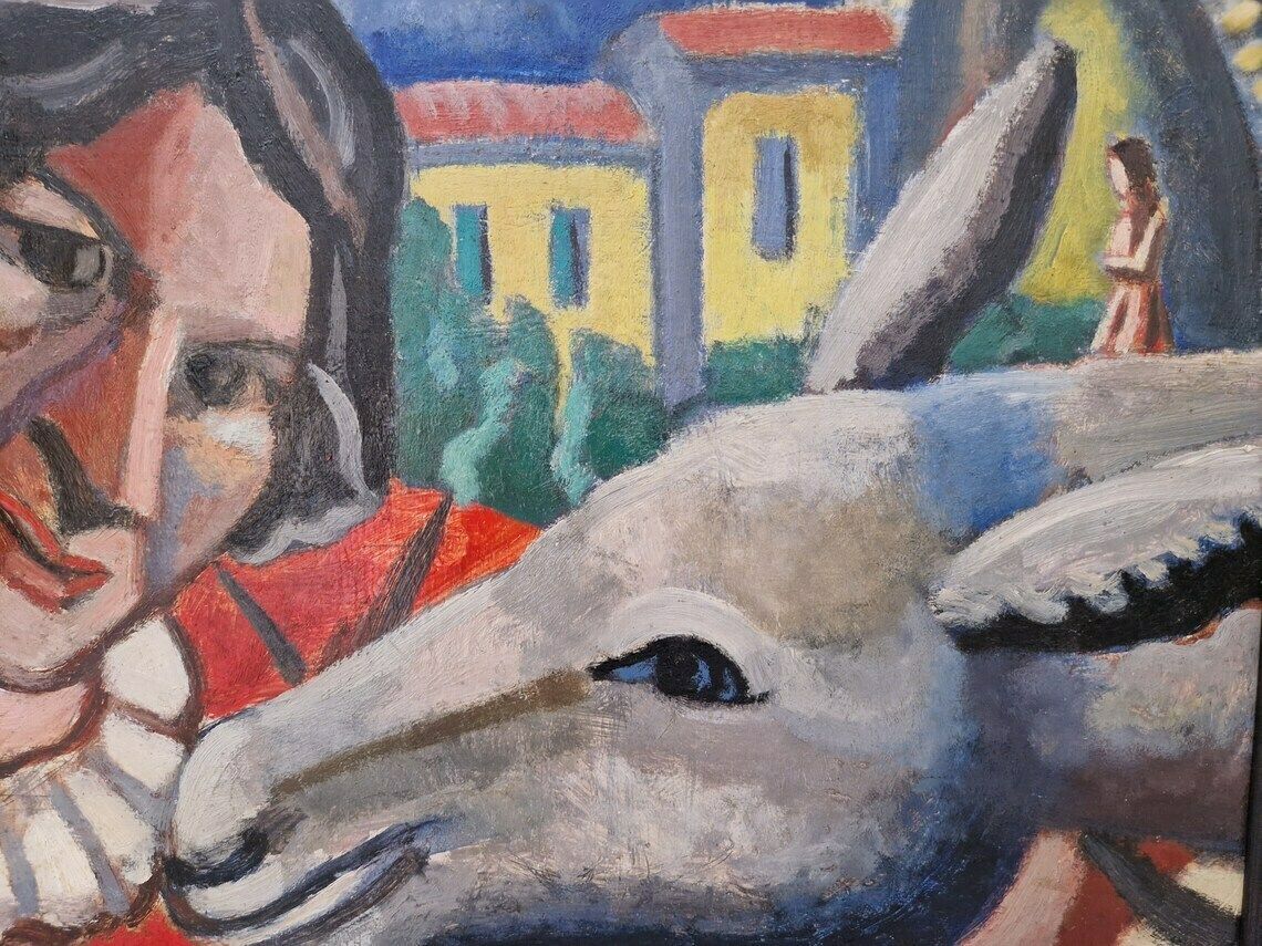 Woman And Donkey Oil Painting Cubist Style Wall Hanging Art French Original Signed Artwork photo for sale