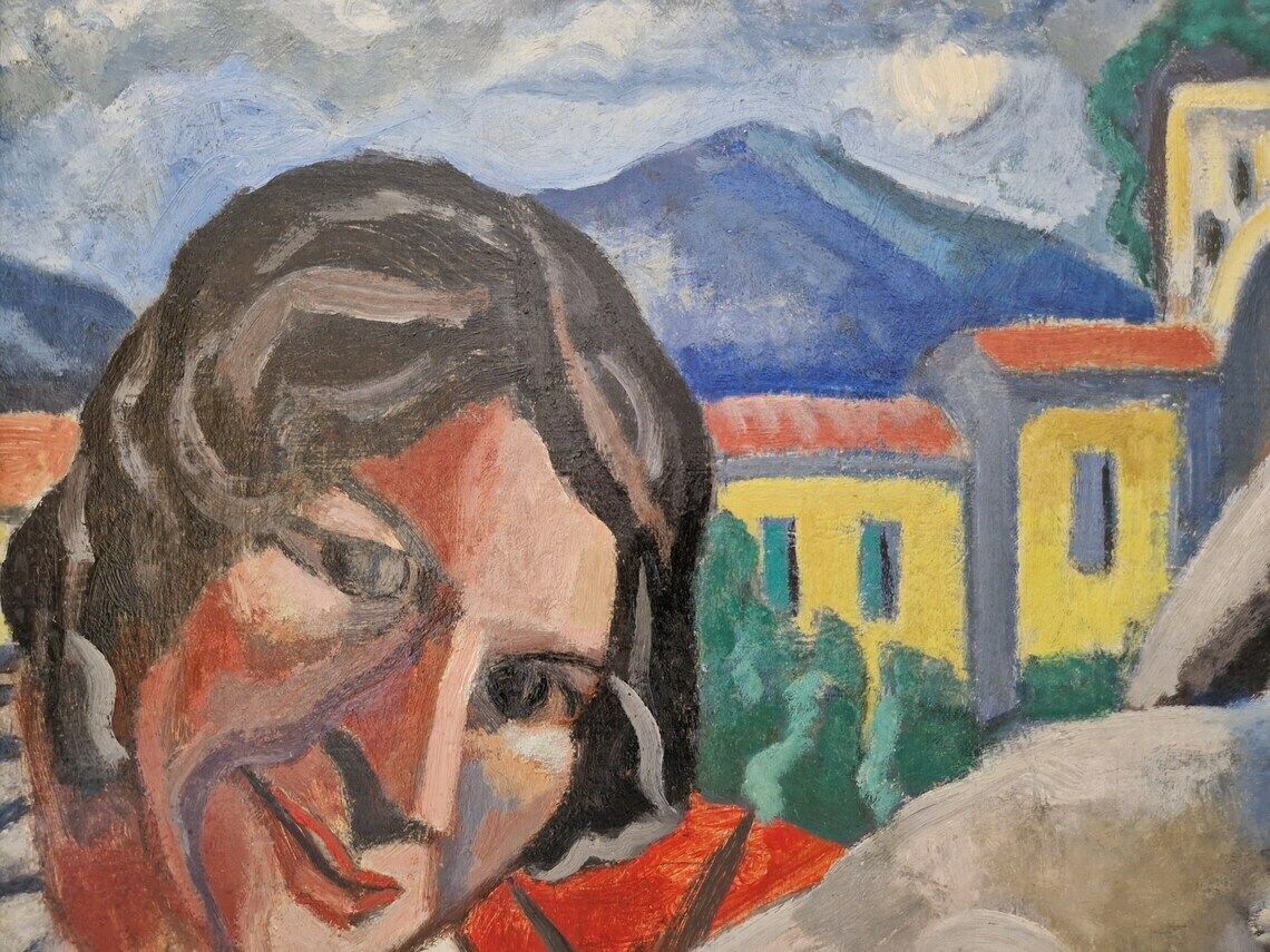Olieverfschilderij Met Vrouw En Ezel, Kubistische Stijl, Gesigneerd — Wanddecoratie photo 327.0