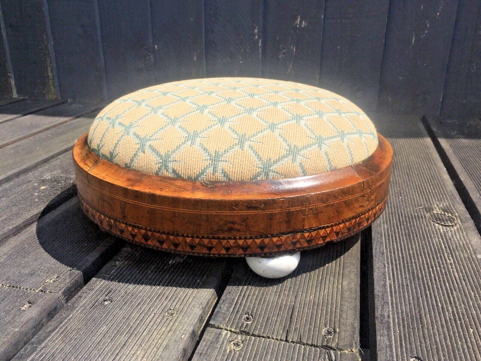 88.0 Antique Inlaid Diamond Tapestry Low Foot Stool Pouffe Old English Country House photo