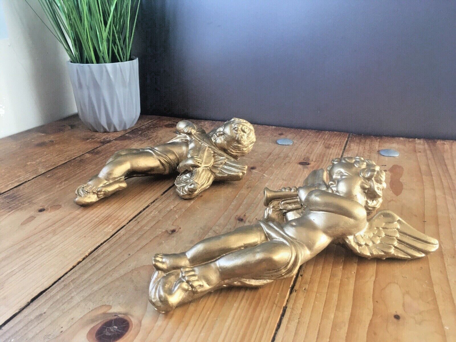 photo furniture Pair Of Gold Chalkware Plaster Neoclassical Cupid Angels Cherubs Playing Music