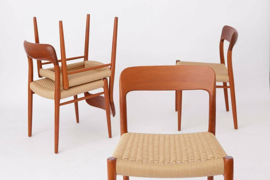 Niels Moller Mid Century Teak Dining Chairs With Papercord Seats By Niels O. Møller For J.L. Moller, Model 75, Set Of 4, Denmark, 1950s