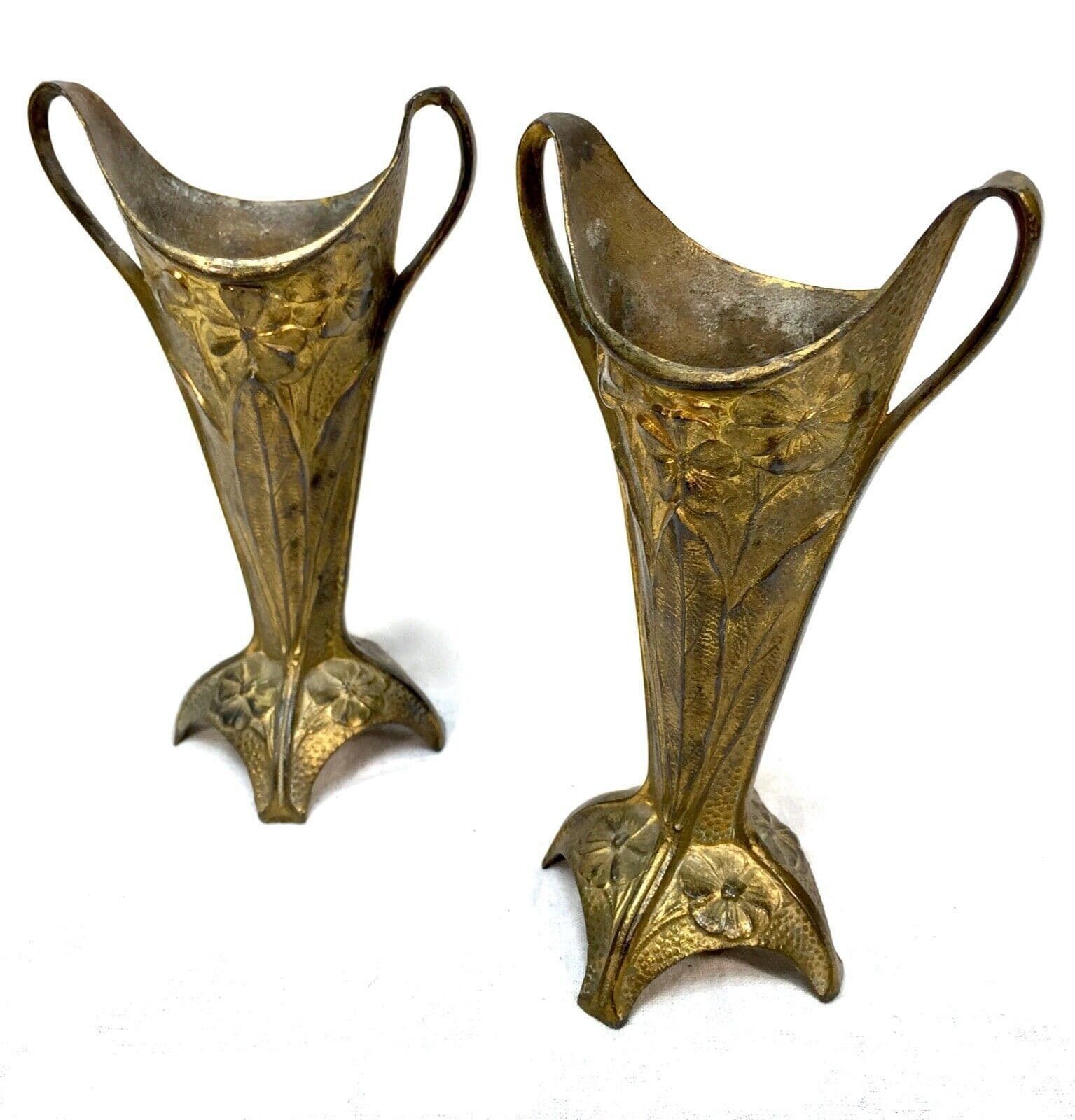 Antique Pair Of Brass Art Nouveau Trumpet Posy Vases / Matching / C.1910 photo for sale