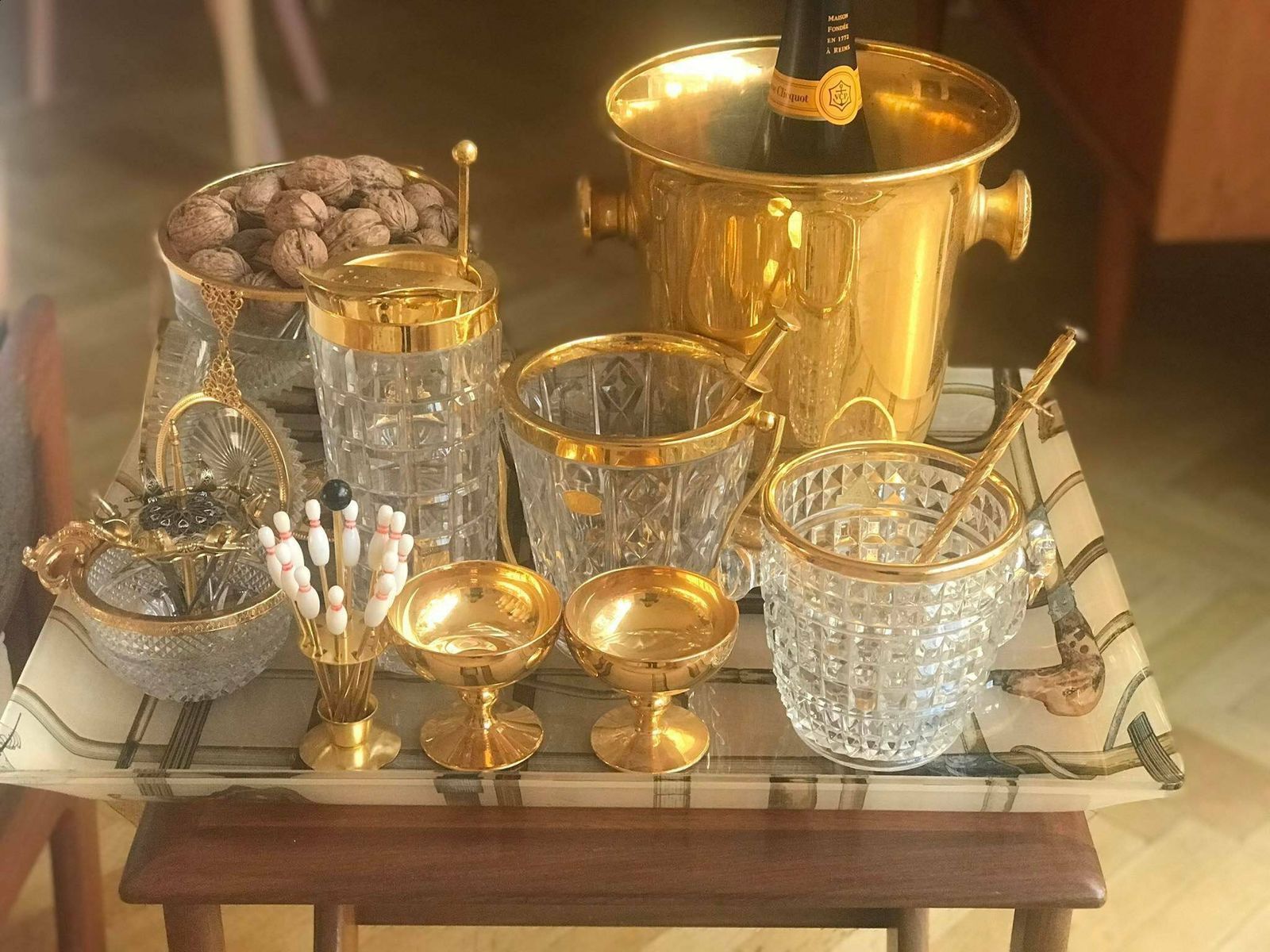 Ice Bucket Heavy Molded Glass With Tongs And Handles Mid Century Austrian Glass Art Oberglas Bar Cart Styling Retro Bar Accessories, Mcm photo vinterior