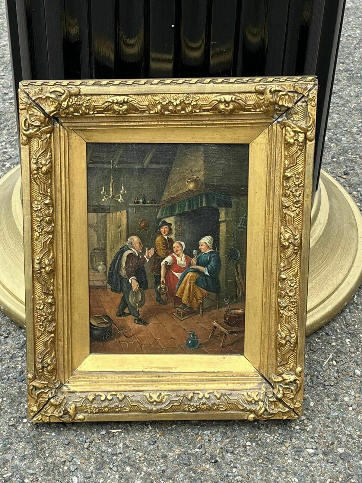 Tavern Or Inn Scene. Oil On Canvas In Gold Gilt Frame. photo vintage