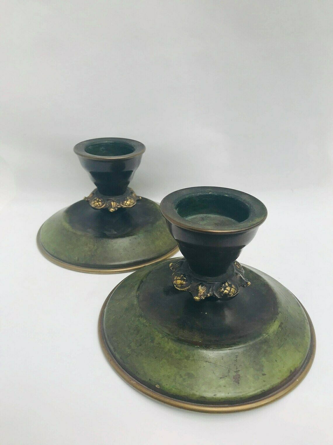 Art Deco Candle Holders Bronze Green Patina Ildfast 1930s Denmark, H.F Aegte Pair Candlestick Holders Desk Decor Ashtray Catchall Church photo for sale
