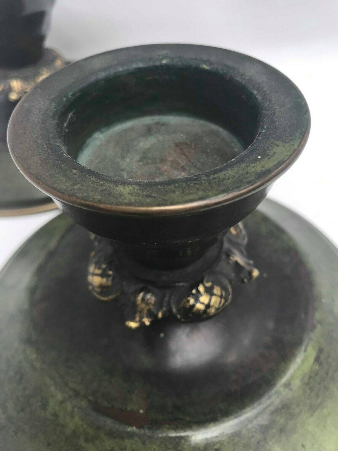 Art Deco Candle Holders Bronze Green Patina Ildfast 1930s Denmark, H.F Aegte Pair Candlestick Holders Desk Decor Ashtray Catchall Church photo 404.0