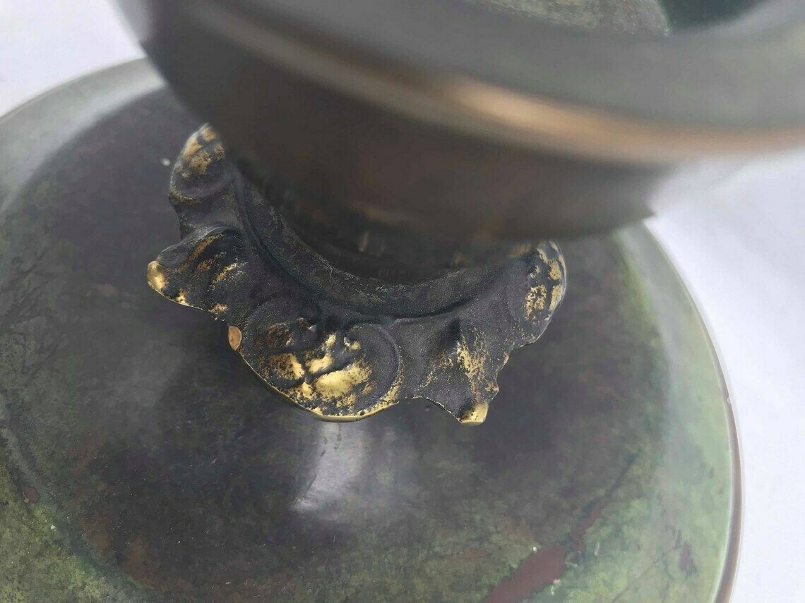 Art Deco Candle Holders Bronze Green Patina Ildfast 1930s Denmark, H.F Aegte Pair Candlestick Holders Desk Decor Ashtray Catchall Church photo vinterior