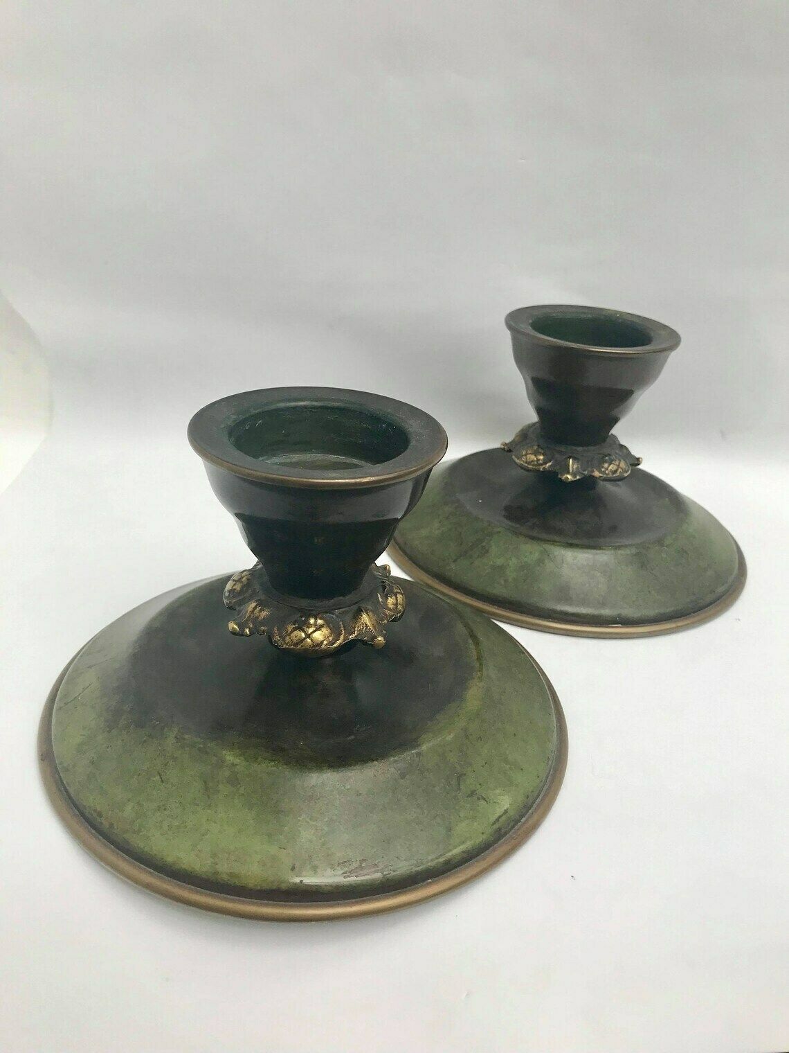 photo for sale Art Deco Candle Holders Bronze Green Patina Ildfast 1930s Denmark, H.F Aegte Pair Candlestick Holders Desk Decor Ashtray Catchall Church