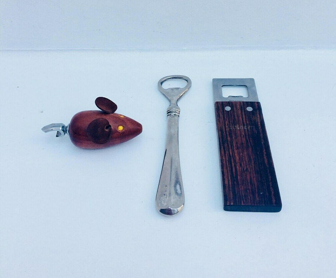 Flessenopener Set, Bargereedschap Mid Century Modern, Jaren 1960, Barware, Barbenodigdheden – Deens Teakhouten Muis photo vinterior