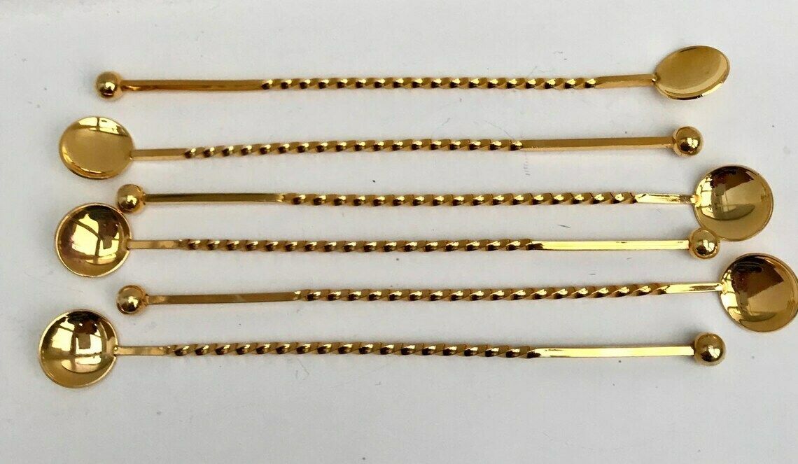 Drink Stirrers Cocktail Champagne Stirrers Whisks Sticks Set Of 6 Gold Plated Spoons Bar Tools Bar Cart Accessories Bartender Mixology photo vinterior