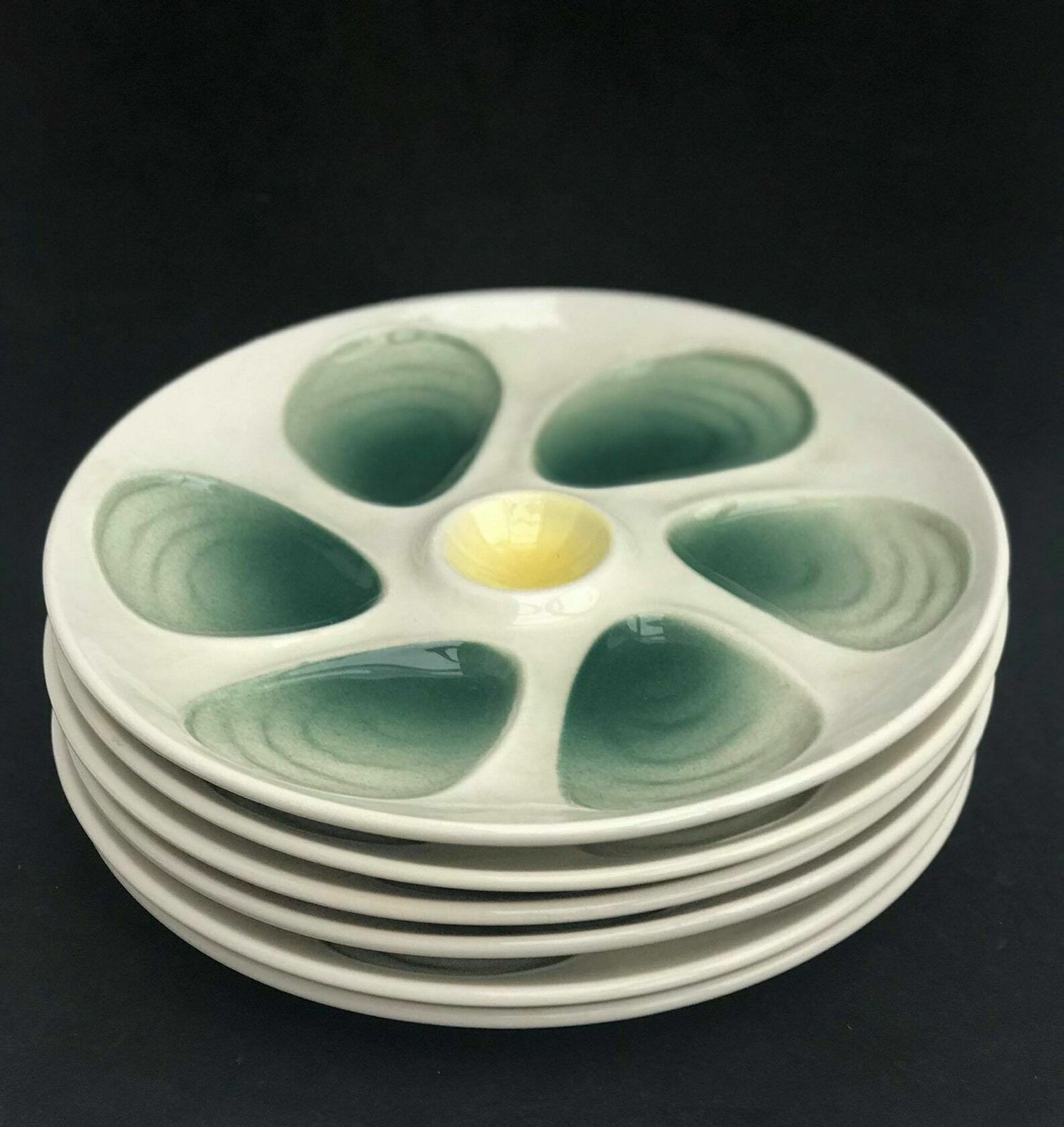 6 French Oyster Plate Green Vintage Oysters Platter 1950 Plate Oysters, Dish Oysters, Shellfish, Seafood, Ceramics France, French Pottery