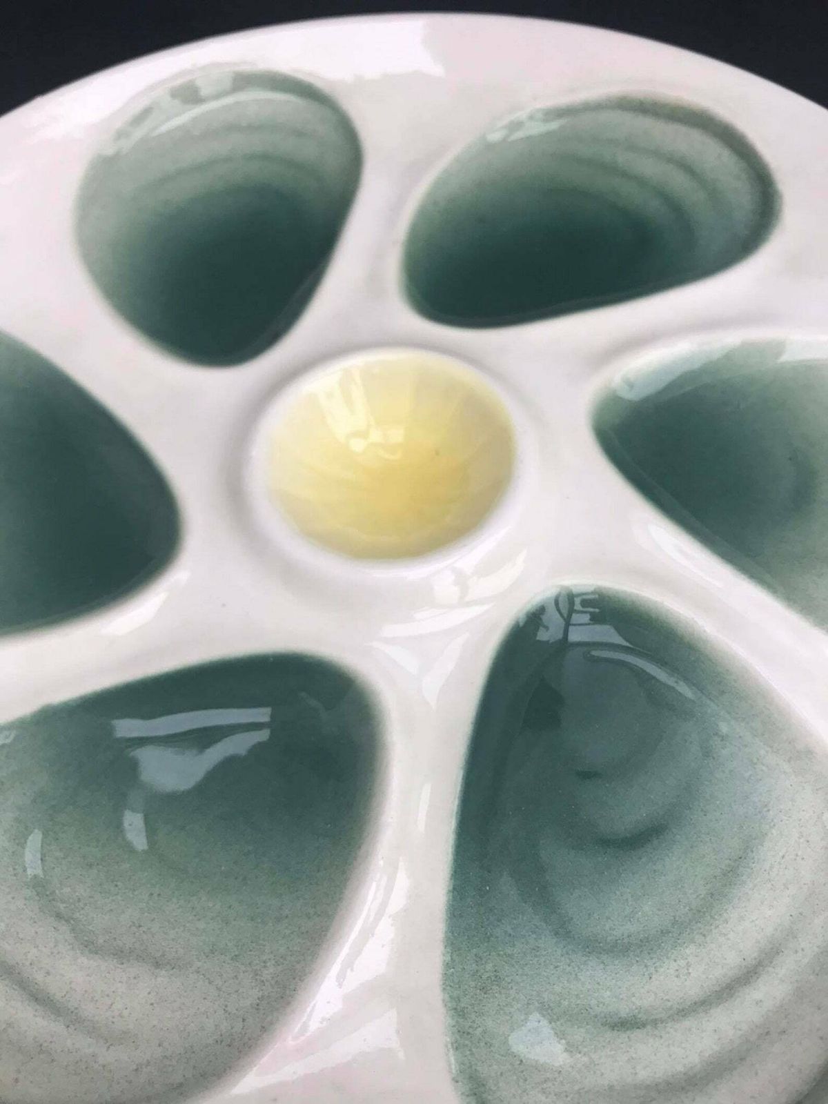 6 French Oyster Plate Green Vintage Oysters Platter 1950 Plate Oysters, Dish Oysters, Shellfish, Seafood, Ceramics France, French Pottery photo vintage
