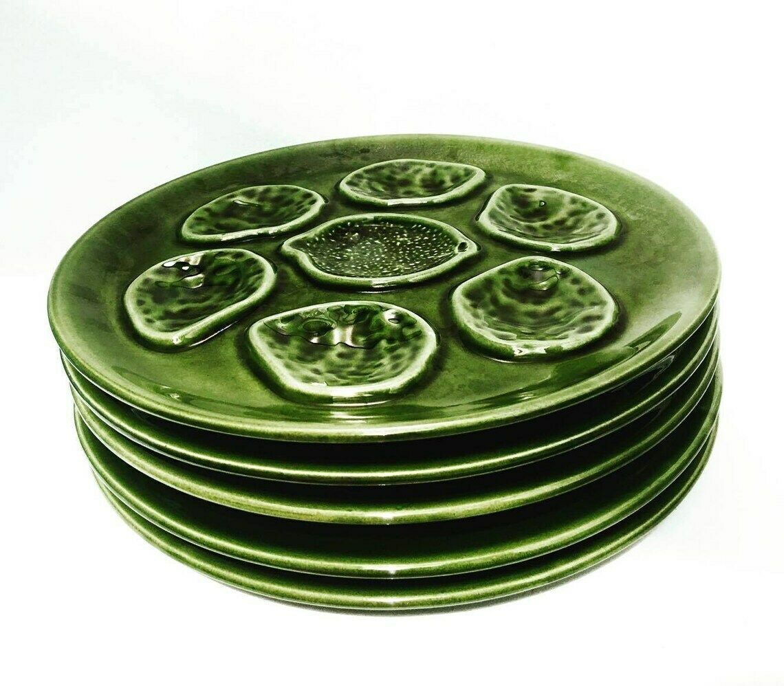 9 Vintage Groene Oesterplaten, Niderviller Faience Jaren 1950, Oesterplaat, Oesterschaal, Verzamelaarsset Mid Century
