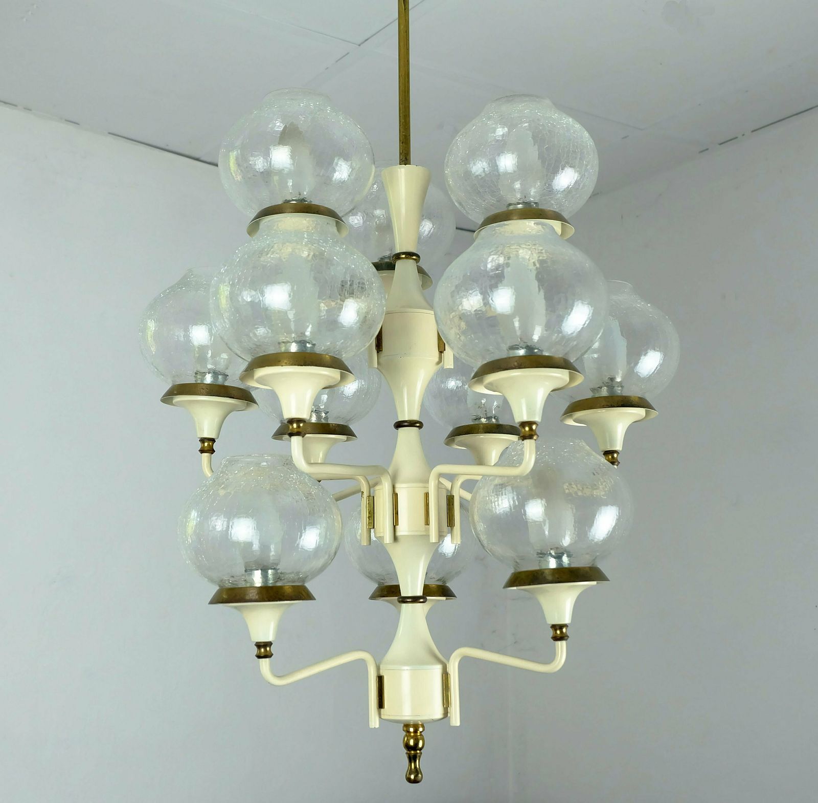 Fantastic 1960s Mid Century Chandelier Metal Brass 12 Crackle Glass Shades photo furniture