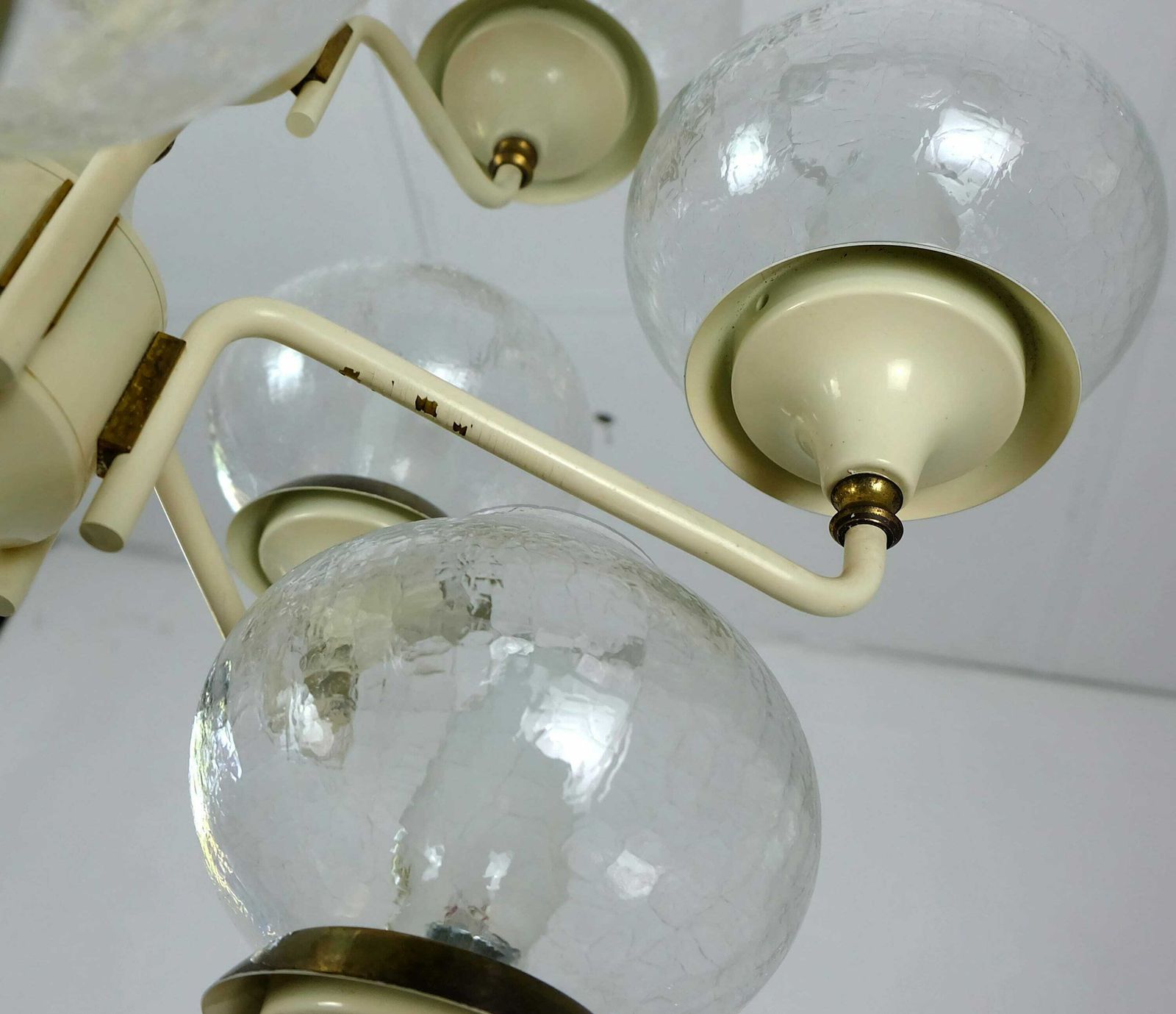 Fantastic 1960s Mid Century Chandelier Metal Brass 12 Crackle Glass Shades photo 716.172