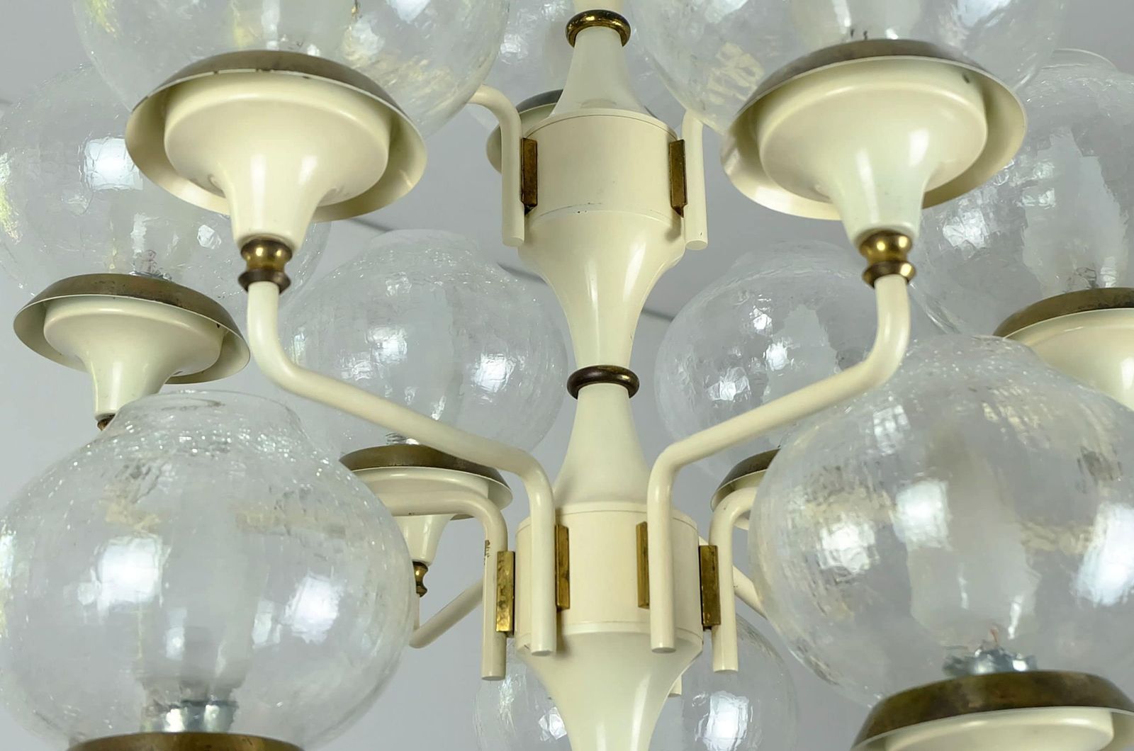 photo for sale Fantastic 1960s Mid Century Chandelier Metal Brass 12 Crackle Glass Shades