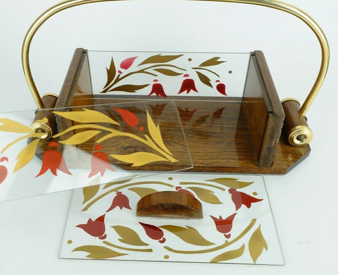 Beautiful 1930s French Art Déco Cookie Jar. Wood Glass Brass photo vintage