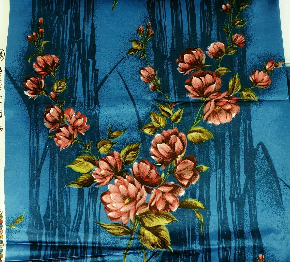 Beautiful 1950s Fabric Curtain Fabric Satin With Floral Pattern 2 Panels Of 94 1/2" X 47 1/4" photo Textiles