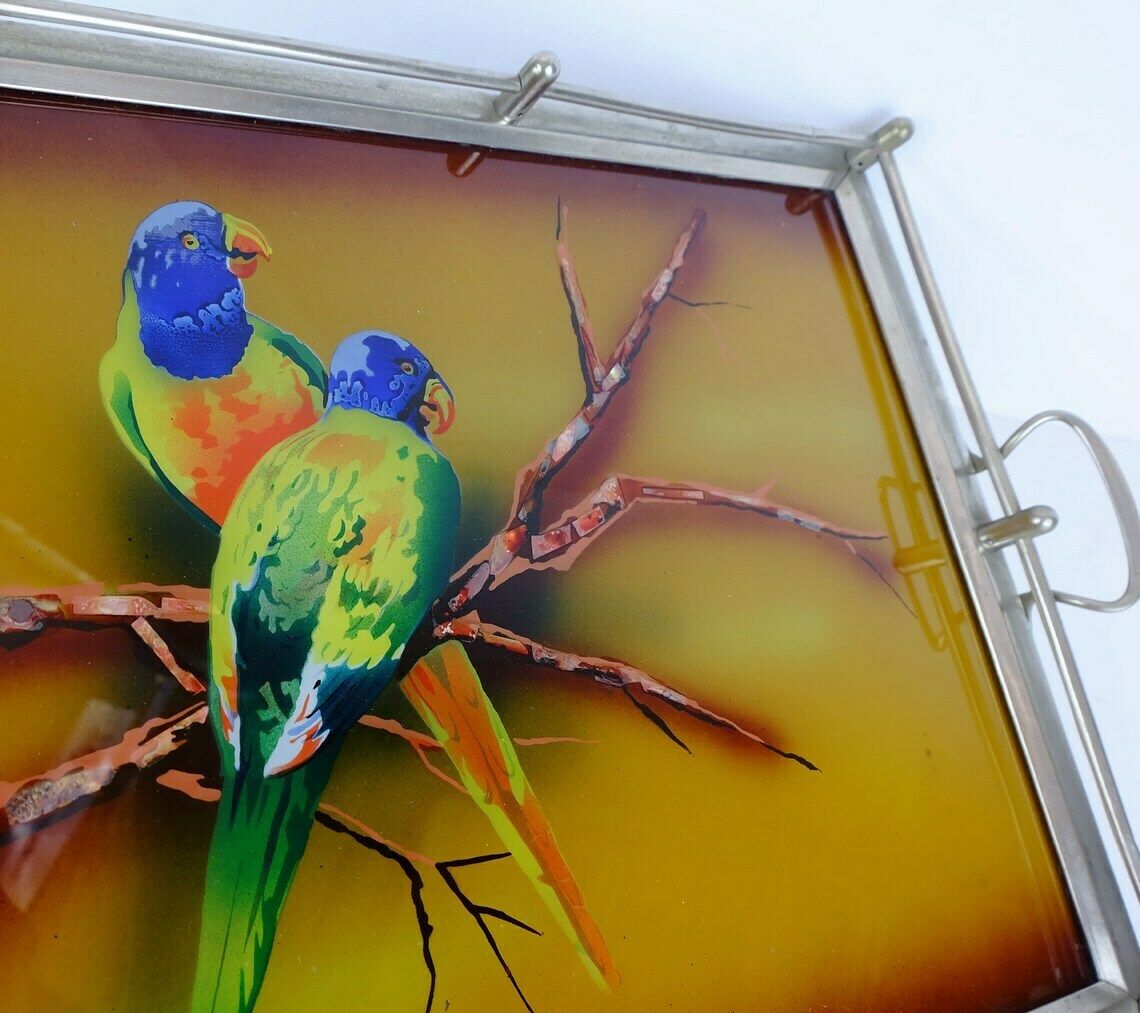 Very Beautiful Large Art Déco Tray  Glass Metal Parrot Motif 1920s 30s photo furniture