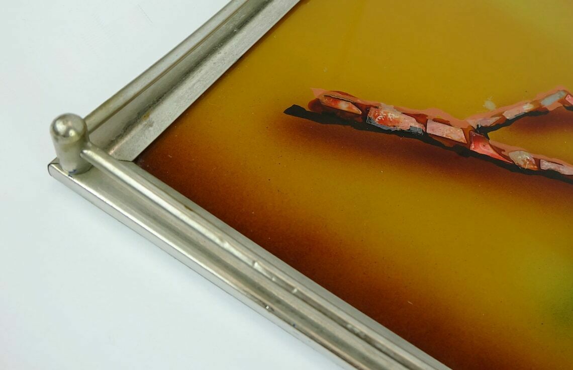 photo furniture Very Beautiful Large Art Déco Tray  Glass Metal Parrot Motif 1920s 30s