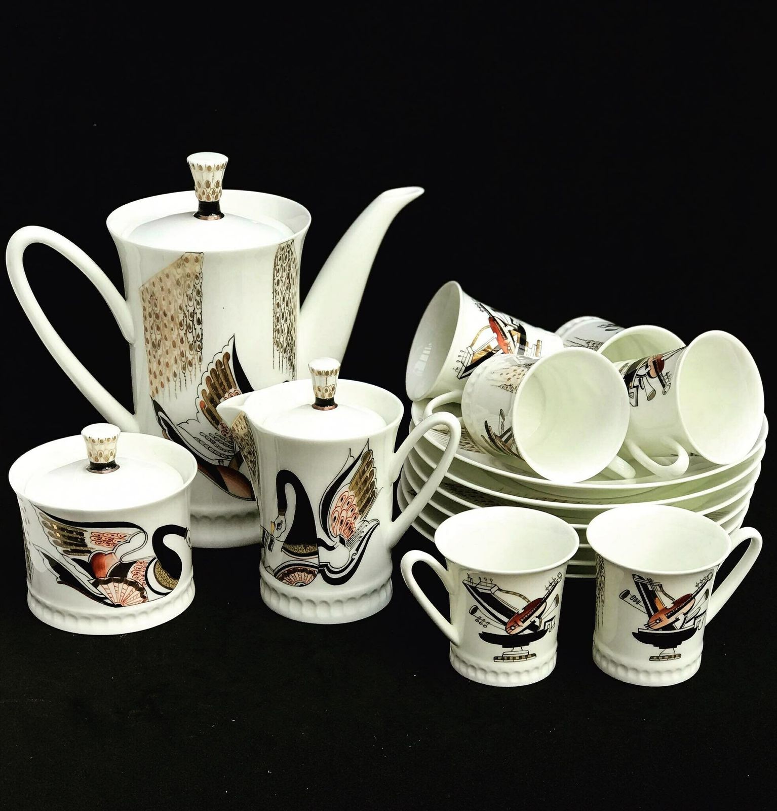 Imperial Porcelain Lomonosov Russian Coffee Set Collection Gift Collector Cups Creamer Sugar Bowl Wedding Gift Swan Musical Instruments