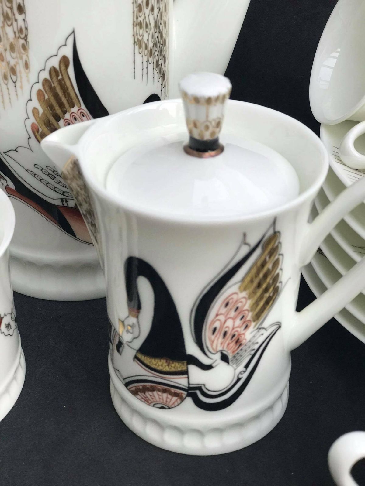 Imperial Porcelain Lomonosov Russian Coffee Set Collection Gift Collector Cups Creamer Sugar Bowl Wedding Gift Swan Musical Instruments photo Home Decor