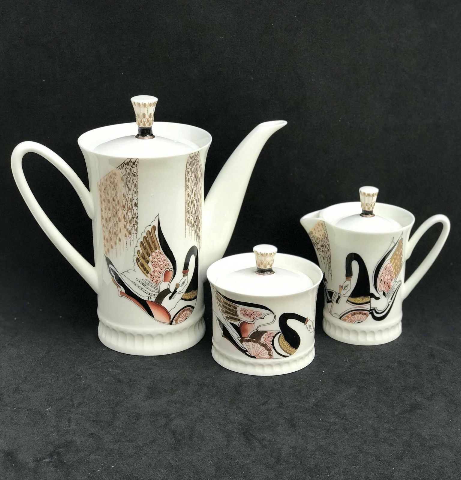 Imperial Porcelain Lomonosov Russian Coffee Set Collection Gift Collector Cups Creamer Sugar Bowl Wedding Gift Swan Musical Instruments photo buy