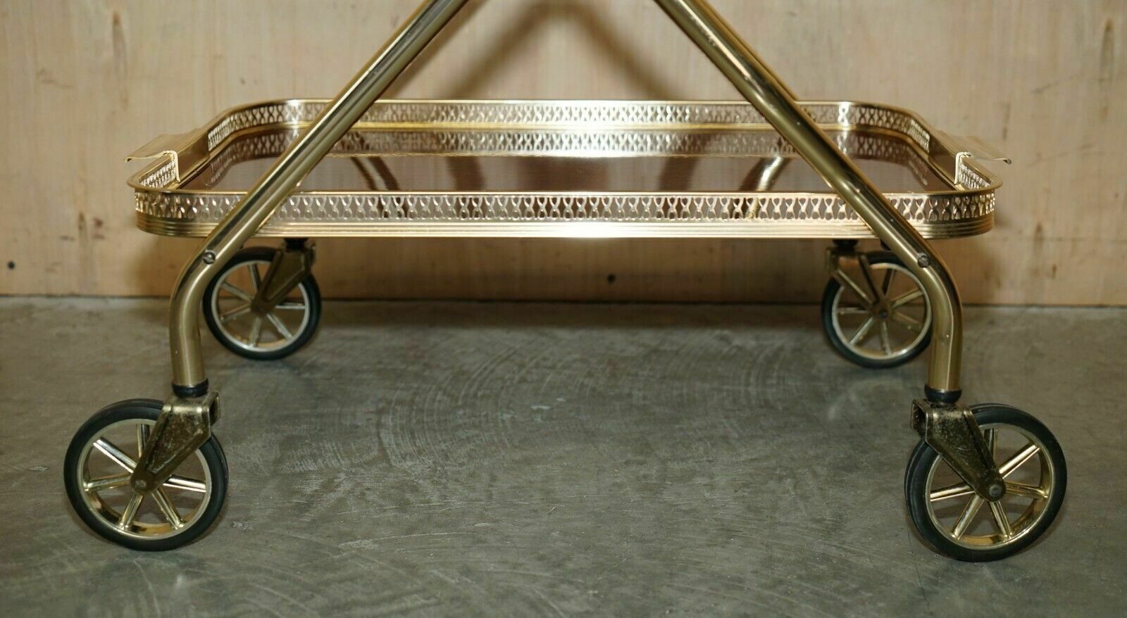 Mid Century Folding Rosewood Brass 1950's Drinks Trolley With Removable Trays photo vintage