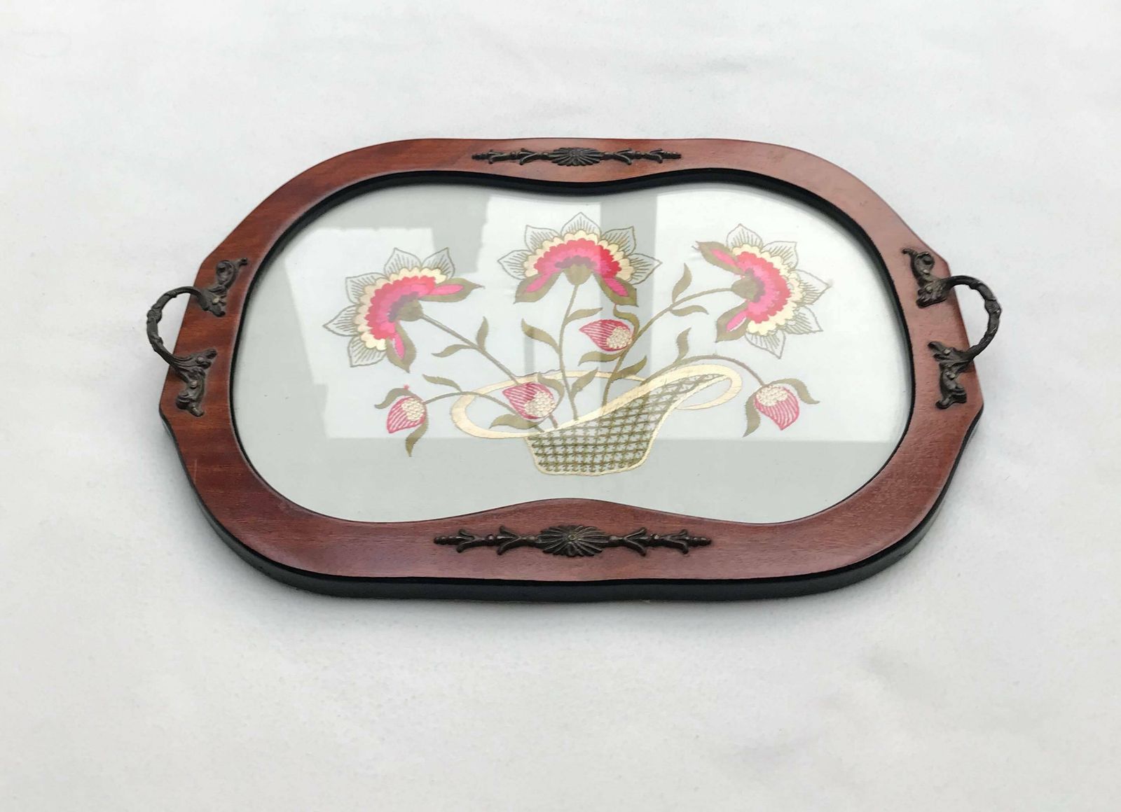 Antiek Dienblad Van Hout En Glas Met Geborduurd Interieur – Rechthoekig – Art Deco Bloemmotief – Twee Handgrepen – Cadeau photo buy