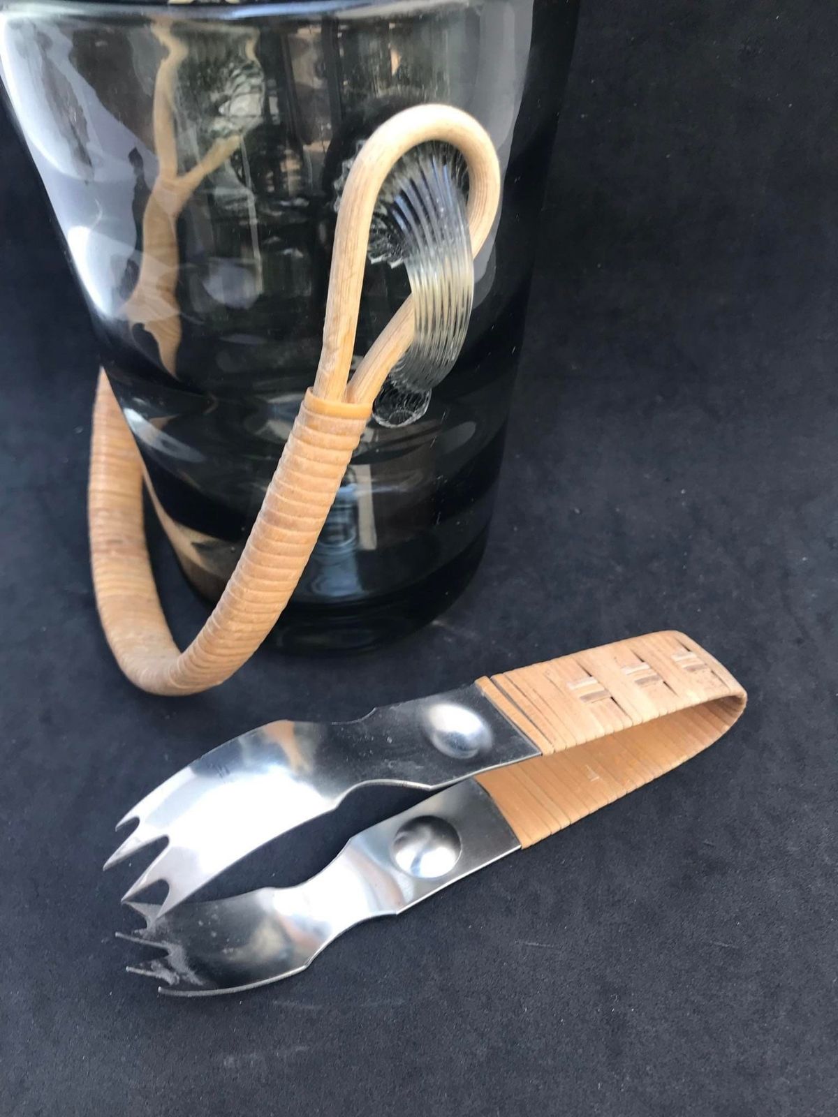 photo furniture Holmegaard Glass Ice Bucket And Tongs Rattan Jacob E Bang Smoked Glass Boho Chic Bar Decor Danish Design Art Glass Denmark Mid Century Bar