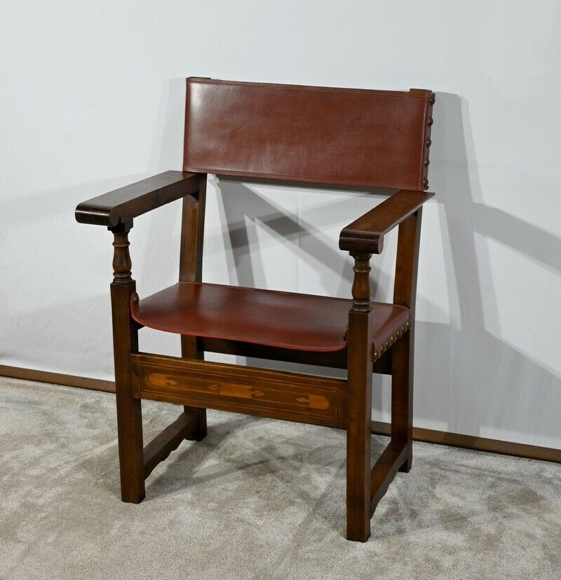 Armchair In Walnut And Leather From Cordoba   Late 19th Century photo for sale