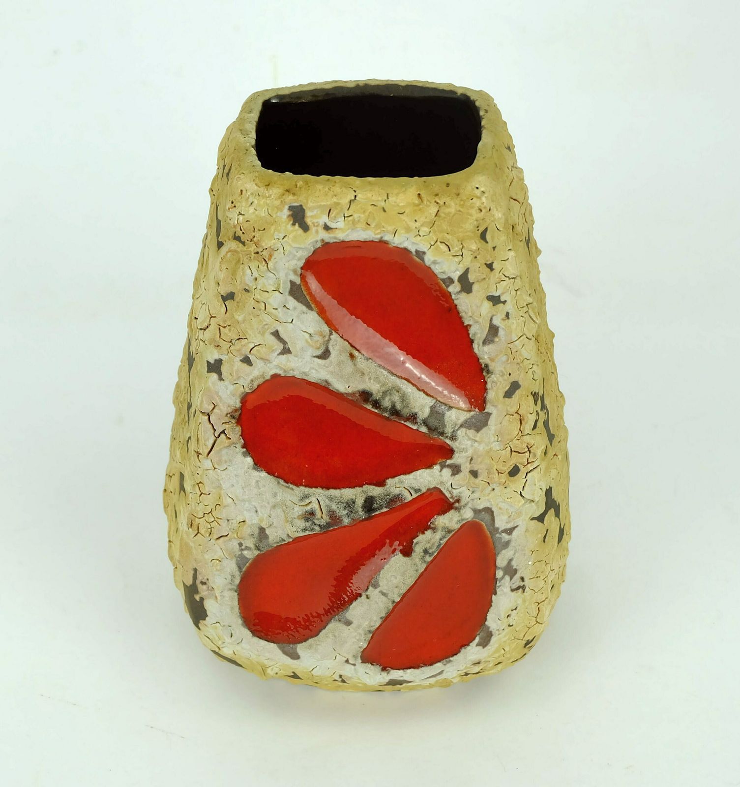 Mid Century Fat Lava Vase Es Keramik Wgp Brown Beige Glaze Red Leaf Pattern photo for sale