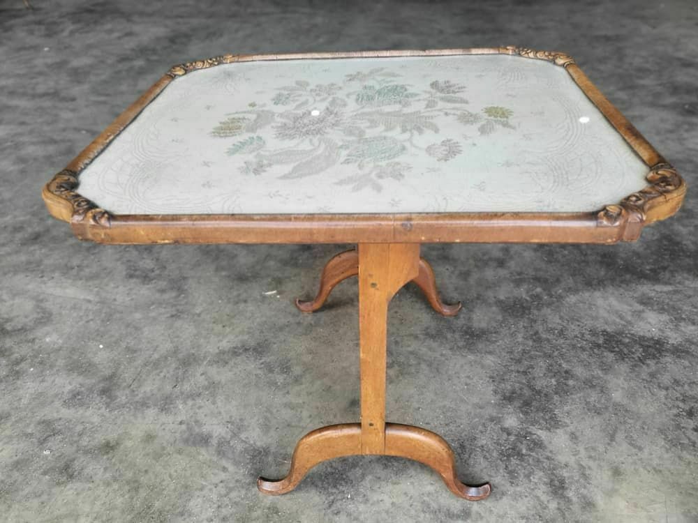 Vintage 20thc Walnut Tilt Top Embroidered Needlework Coffee Side End Table photo furniture