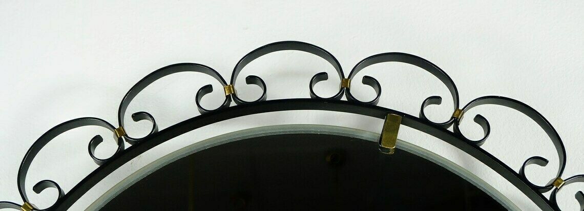 Round Mid Century Modern Illuminated Wall Mirror With Iron And Brass Frame Hillebrand 1960s photo furniture