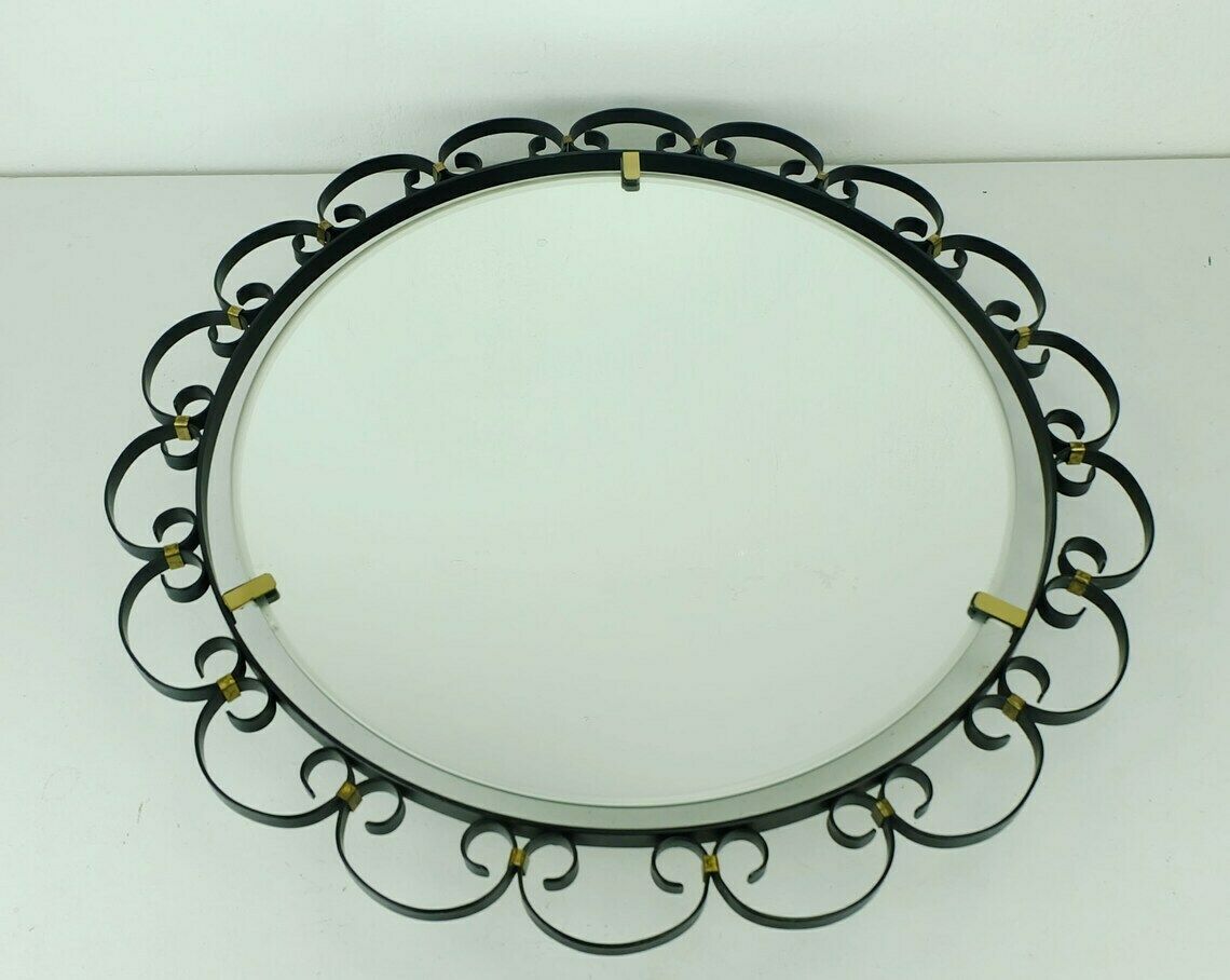 Round Mid Century Modern Illuminated Wall Mirror With Iron And Brass Frame Hillebrand 1960s photo vinterior