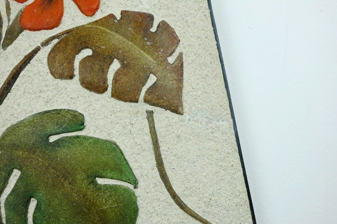 Large Vintage Kroesselbach Mid Century Ceramic And Plaster Wall Tile Floral Decor Leaves And Blossoms 1950s Wgp photo vinterior
