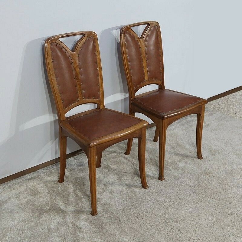 Pair Of Walnut Chairs, School Of Nancy, Art Nouveau, 1900