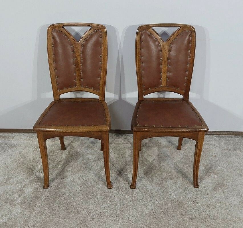 Pair Of Walnut Chairs, School Of Nancy, Art Nouveau, 1900 photo for sale